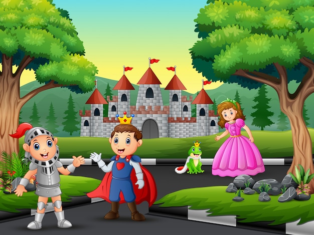 Knight with princess and prince on the road to the castle