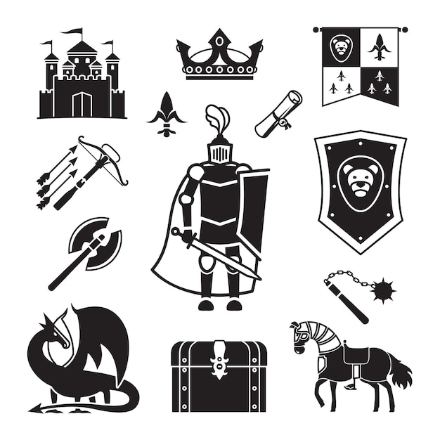 Knighthood in Middle Ages Icons. Medieval ancient armor and coat of arms, knight and helmet vector signs