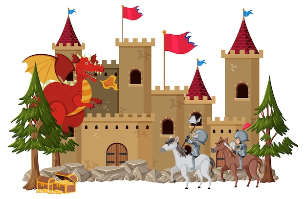 Knights fight with dragon at the castle