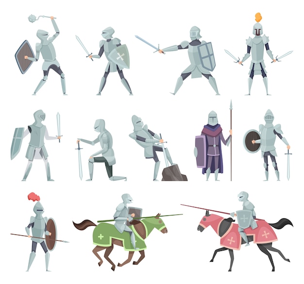 Knights. Medieval battle armor characters crusaders historical battle mascots vector cartoon. Horseman and sword, mace and shield illustration