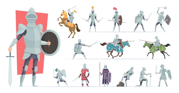 Knights. Medieval warriors in action poses armored knights vector characters in cartoon style. Medieval knight in armor, soldier in helmet, military chivalry