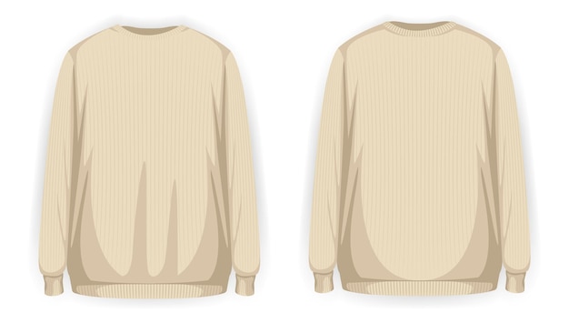 Knit cardigan beige front and back view, vector mockup illustration