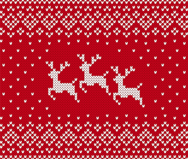 Knit christmas pattern with reindeer. Xmas seamless background. . Knitted sweater print. Holiday winter red texture. Festive traditional ornament. Wool scandinavian pullover illustration.