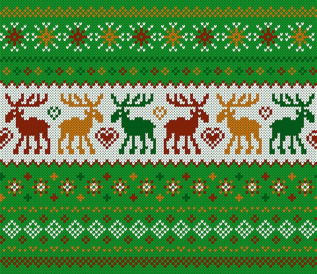 Knit Christmas seamless pattern. Green print with deers. Knitted sweater texture. Xmas background.