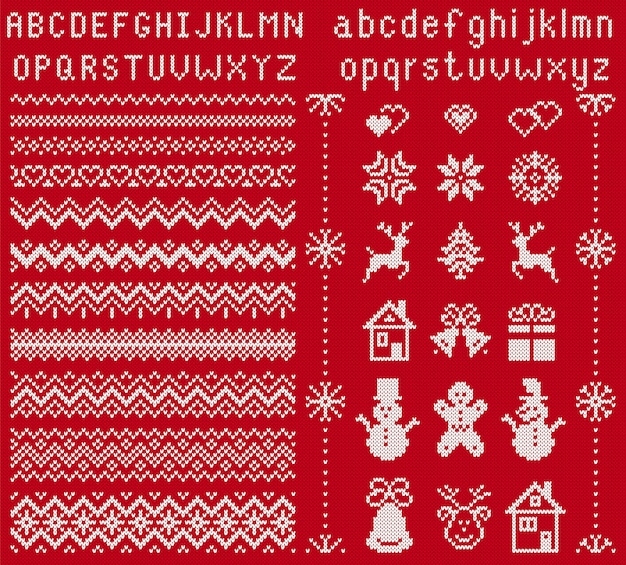 Knit elements and font. . Christmas seamless borders. Sweater pattern. Fairisle ornaments with type, snowflake, deer, bell, tree, snowman, gift box. Knitted print. Xmas illustration. Red texture