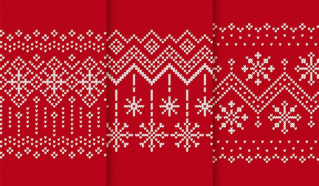 Knit seamless patterns. Christmas red backgrounds. Vector illustration.