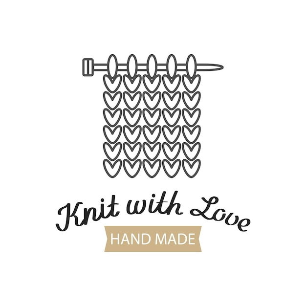 Knit with love lettering and knitting needles with a knitted fabric Hobby icon logo vector