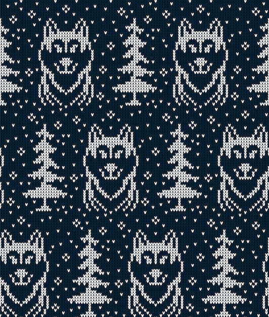 Knitted Christmas and New Year pattern in wolves. Wool Knitting Sweater Design. Wallpaper wrapping paper textile print. Eps 10