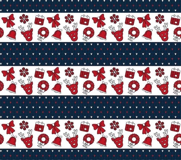 Knitted Christmas and New Year pattern. Wool Knitting Sweater Design. Wallpaper wrapping paper textile print. Eps 10