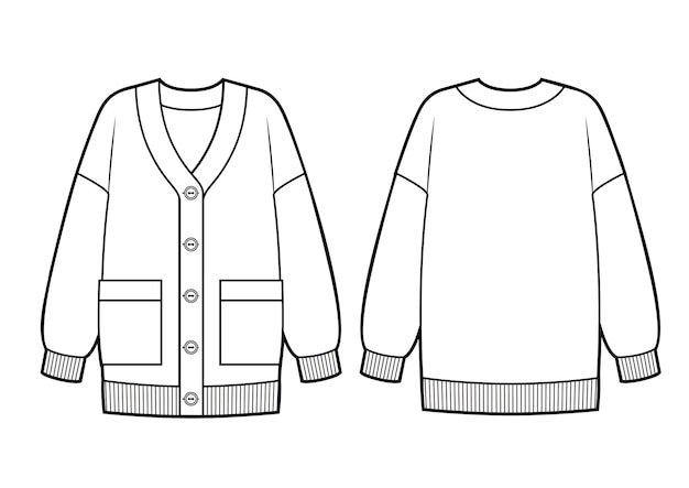 Knitted classic cardigan with pockets and buttons on front, fashion flat sketch template