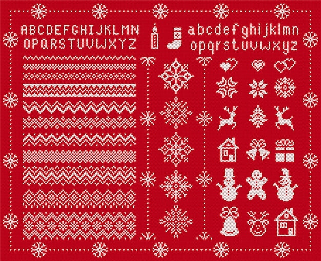 Knitted font and xmas elements. Vector illustration. Christmas seamless texture. Knitted sweater print.