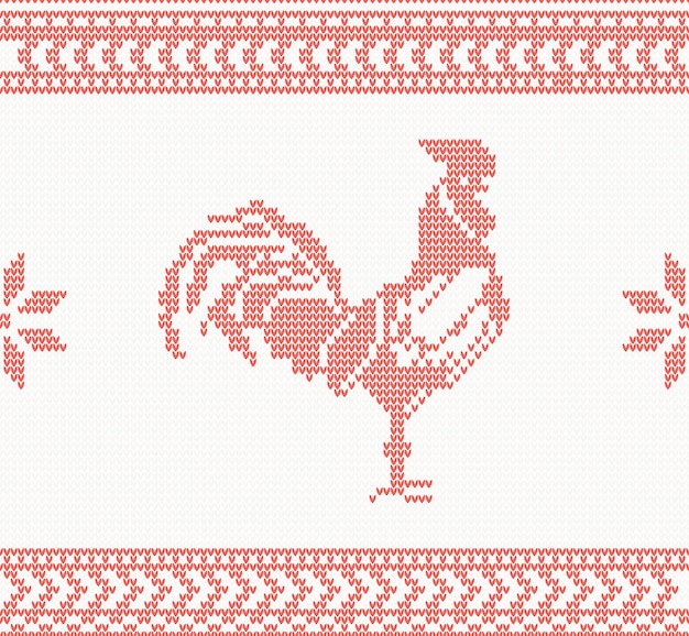 Knitted Rooster Seamless Pattern in Red Color.