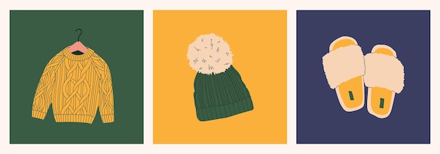 Knitted sweater hat with pompom cozy slippers Set of autumn design elements Vector flat isolated illustrations