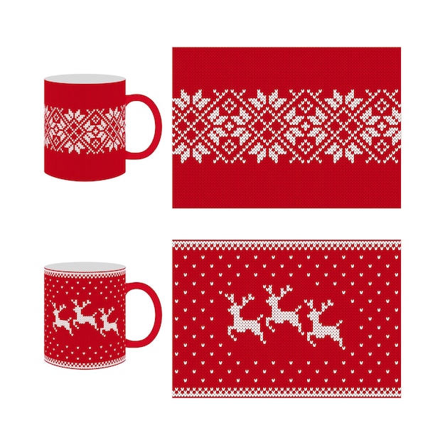 Knitted sweater mockup for cup dishes crockery design Christmas fair isle frame with deer snowflakes