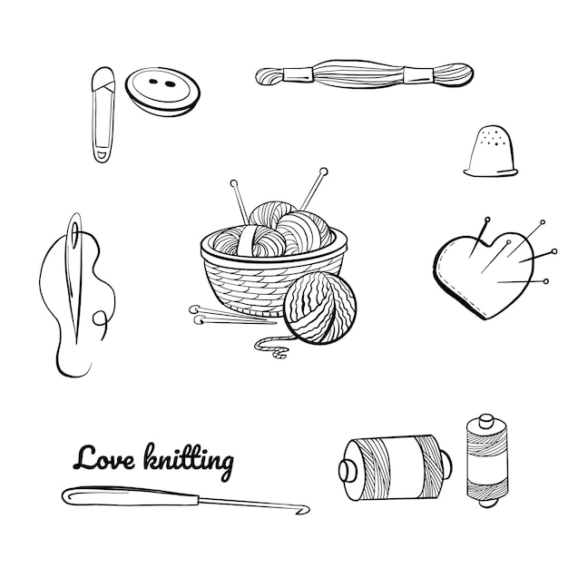 Knitting and crochet outline drawings set hand drawn design elements