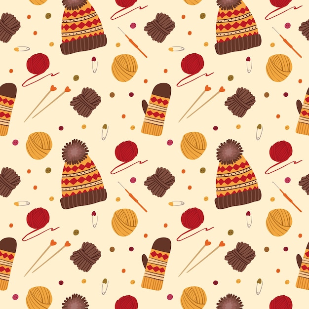 Knitting hats and gloves seamless pattern. Handmade knitted clothes. Yarn balls, needles, crochet, traditional autumn hobby tools, accessories.