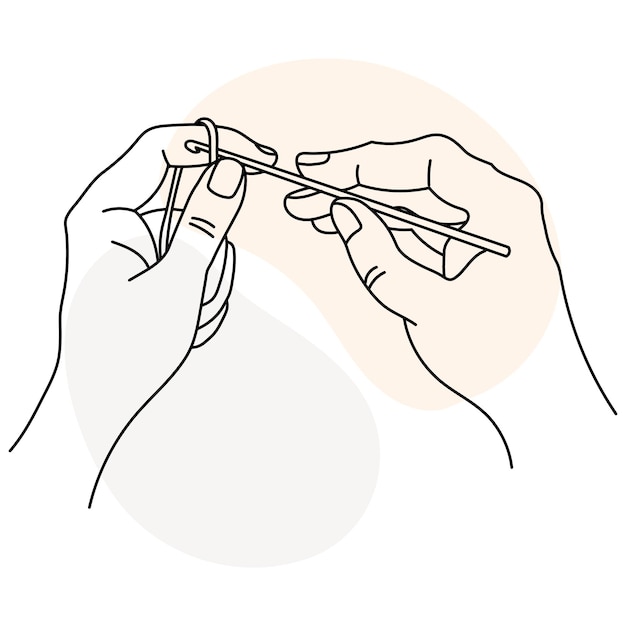 Knitting icon, female hands with hook and thread. Line art, sketch, clip art, vector