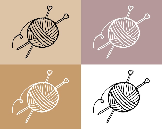 Knitting icons set, skein of yarn and knitting needles. Hobby concept, vector