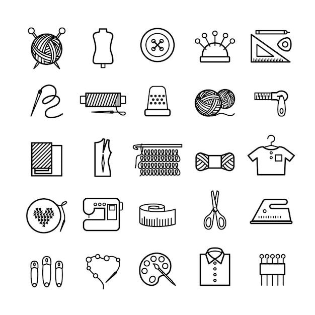 Knitting sewing and needlework line icons