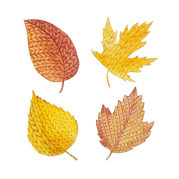 Knitting watercolor autumn leaves clipart