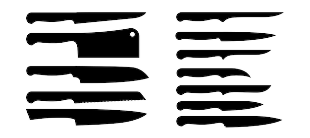 Knives silhouettes Kitchen cutlery and butcher cooking metal appliance Black cookware Various kitchenware for preparing food Isolated household daggers set Vector utensil emblems