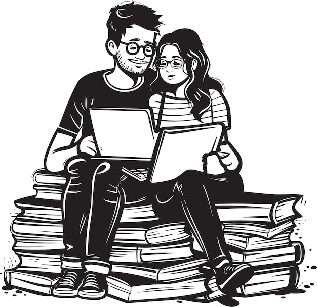 Knowledge Connection Couple Sharing Laptop on Books United by Black Logo Vector Digital Dialogues C