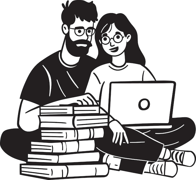 Vector knowledge and connection couple with laptop on books accompanied by vector black logo bookmarked lo