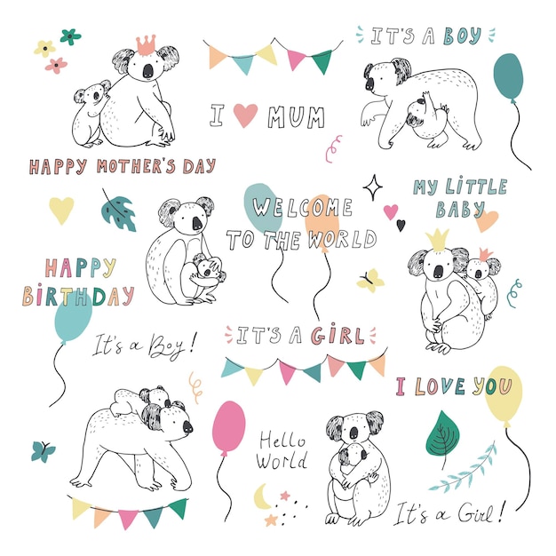 Koala Australian animal vector birthday objects illustrations set