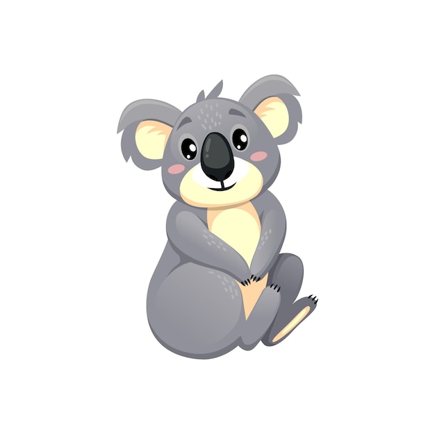 Koala bear cartoon character sitting cute animal isolated funny fluffy personage Vector Australia mammal with sweet cheerful childish face koala australian fauna animal gray bear sit and forage