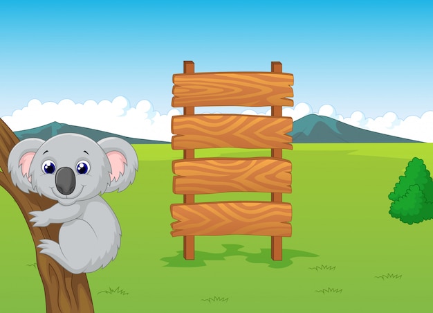 Koala cartoon with wooden sign