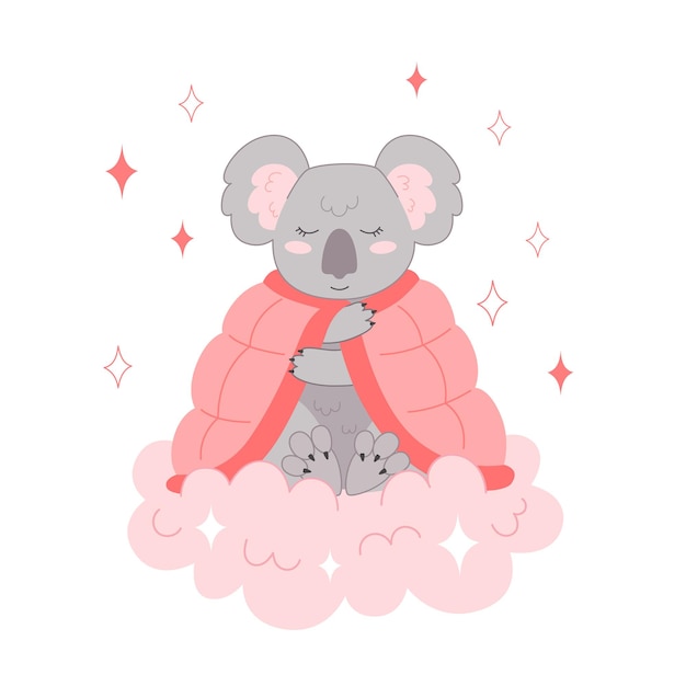 Koala covered herself with a blanket and sleeps on a cloud Baby animal illustration for nursery