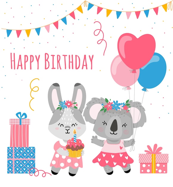 Koala holding balloons, bunny standing with a muffin and a candle.Tempalte for girls birthday card.