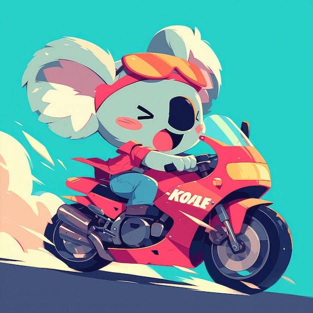 A koala is riding a motorcycle cartoon style