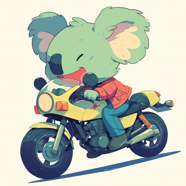 A koala is riding a motorcycle cartoon style