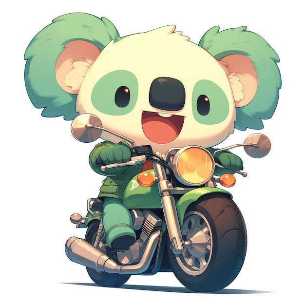 A koala is riding a motorcycle cartoon style