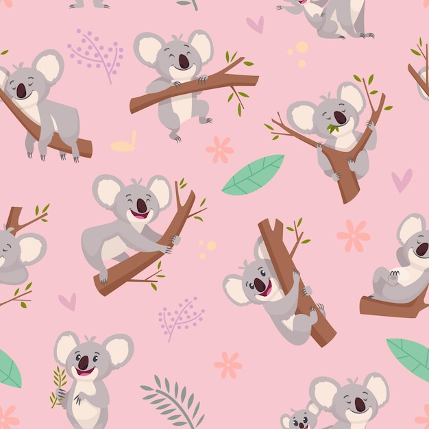 Koala pattern. Australian wild cute animal koala bear illustrations for textile design projects  seamless cartoon background.