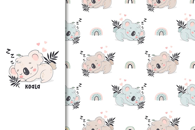 Koala sleep card and seamless pattern