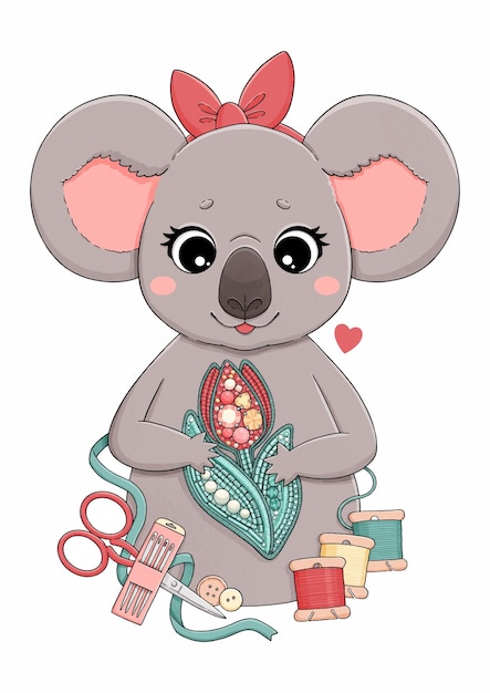 Koala with embroidery red tulip brooch