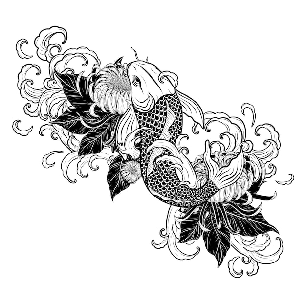 Koi fish and chrysanthemum tattoo by hand drawing