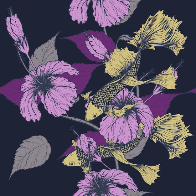 Koi fish and hibiscus seamless pattern by hand drawing.