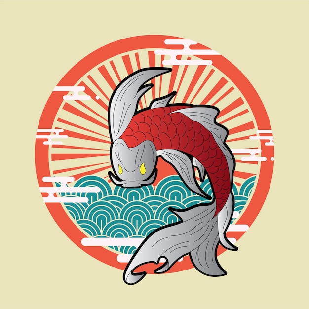 koi fish illustration design with retro japanese style background