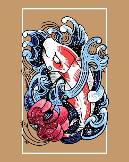 Koi Fish with Lotus Flower and Finger Wave in japanese illustration style