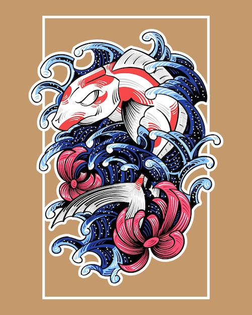 Koi Fish with Lotus Flower and Finger Wave in japanese illustration style