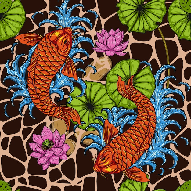 Koi fish with lotus seamless pattern by hand drawing