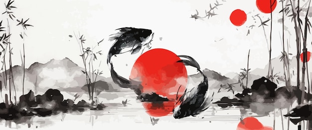 Vector koi with lotus leaves ink painting