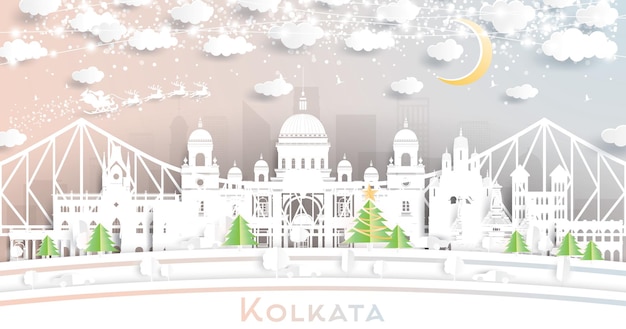 Kolkata Calcutta India City Skyline in Paper Cut Style with Snowflakes Moon and Neon Garland