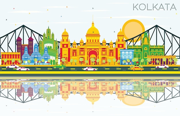 Kolkata Skyline with Color Landmarks, Blue Sky and Reflections. Vector Illustration. Business Travel and Tourism Concept with Historic Buildings. Image for Presentation Banner Placard and Web Site.