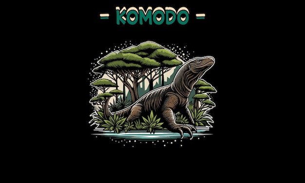 komodo in forest vector illustration tshirt design