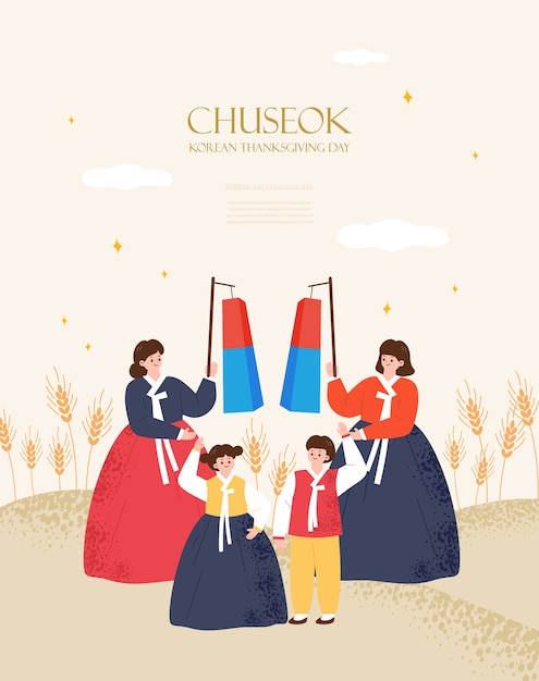 Korea tradition  illustration. Chuseok, Happy Korean Thanksgiving Day.