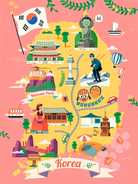 Korea travel map, lovely Korea famous landmark and culture symbol on map in  , pink background